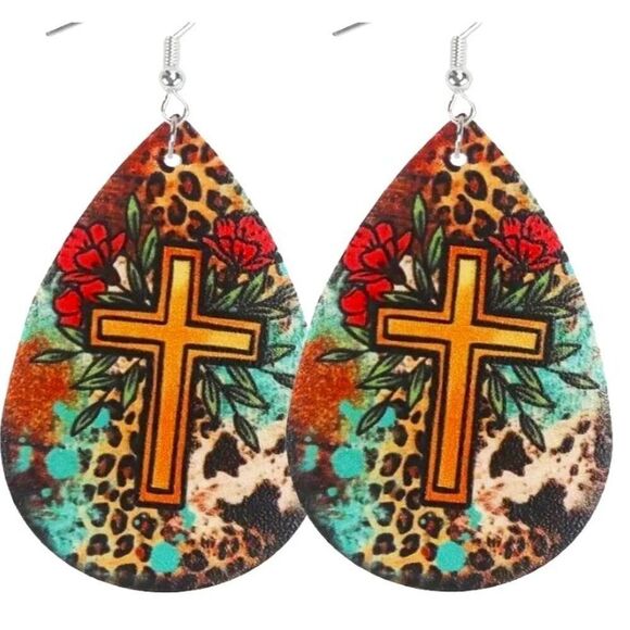 Cross Leather Dangle Earrings New - Picture 1 of 2
